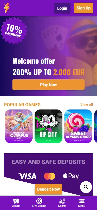 Partyspins Casino home screen on a mobile browser