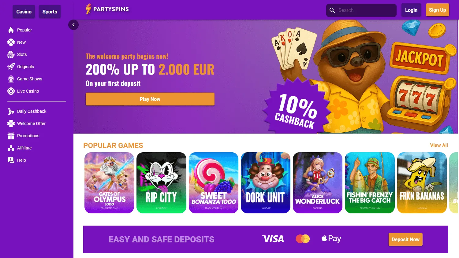 Partyspins Casino home screen on desktop