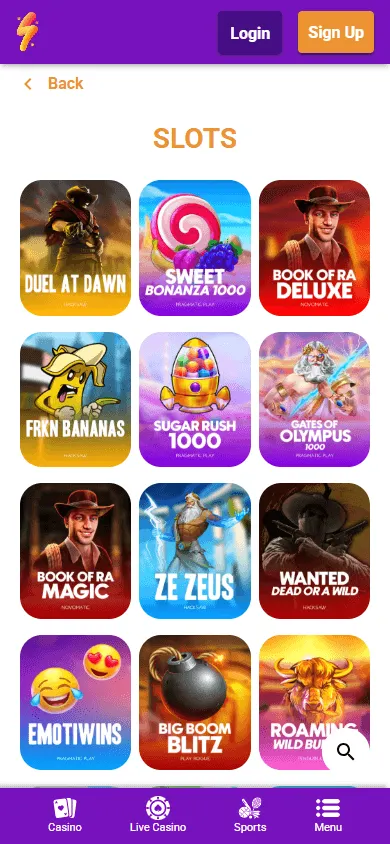 Partyspins Casino games area on a mobile browser